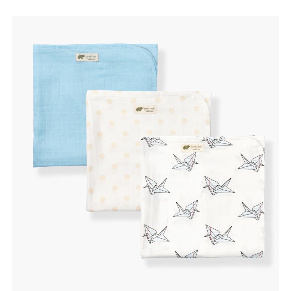 MONICA + ANDY NWT Organic Cotton Muslin Swaddle 3-Pack Paper Crane/Dot/Solid
